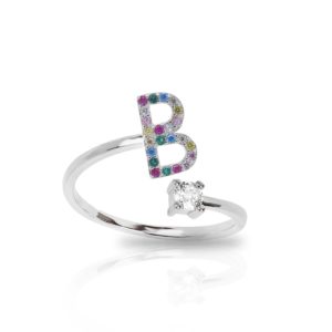 טבעת אות B משובצת זירקוניים צבעוניים