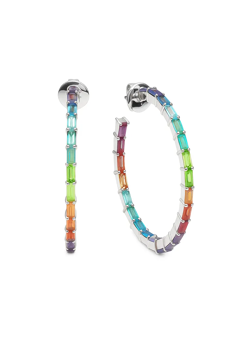 עגילי חישוק דקים משובצים בבגטים צבעוניים